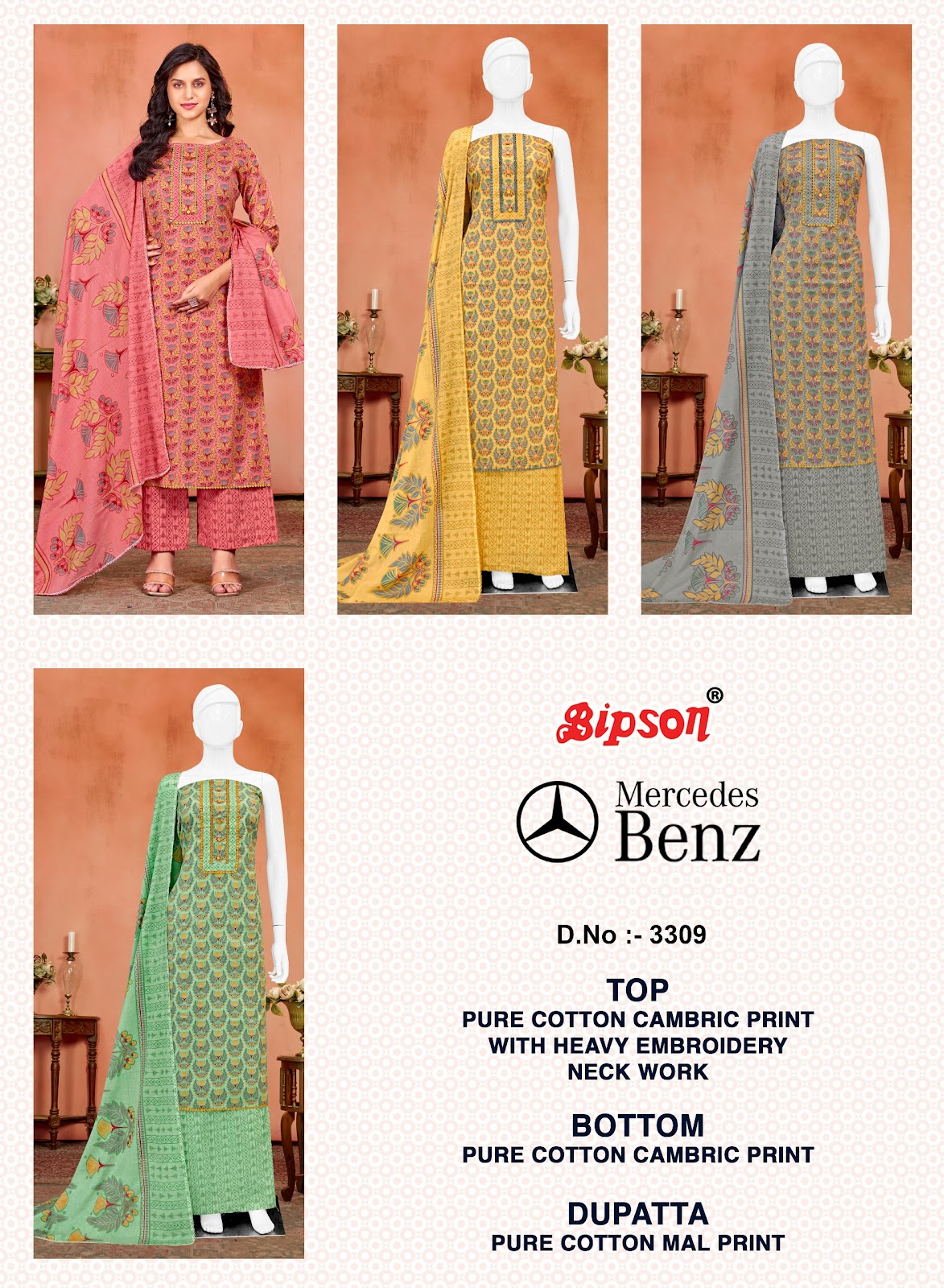 Mercedes 3309 Bipson Prints Pure Cotton Pant Style Suits Wholesale Price