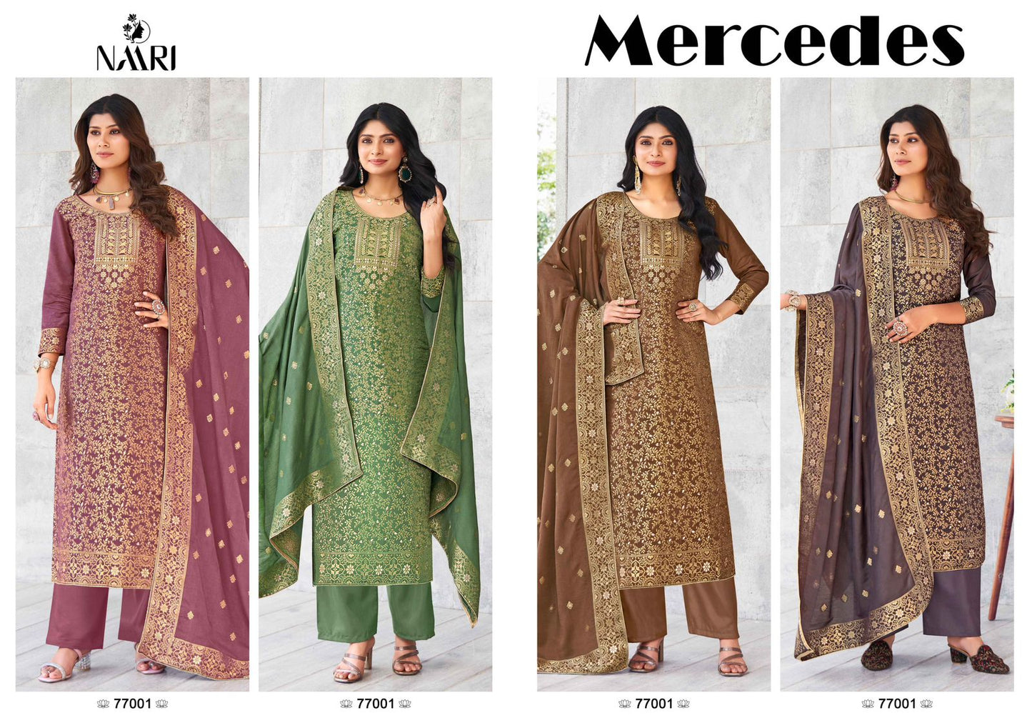 Mercedes Naari Muslin Jacquard Pant Style Suits