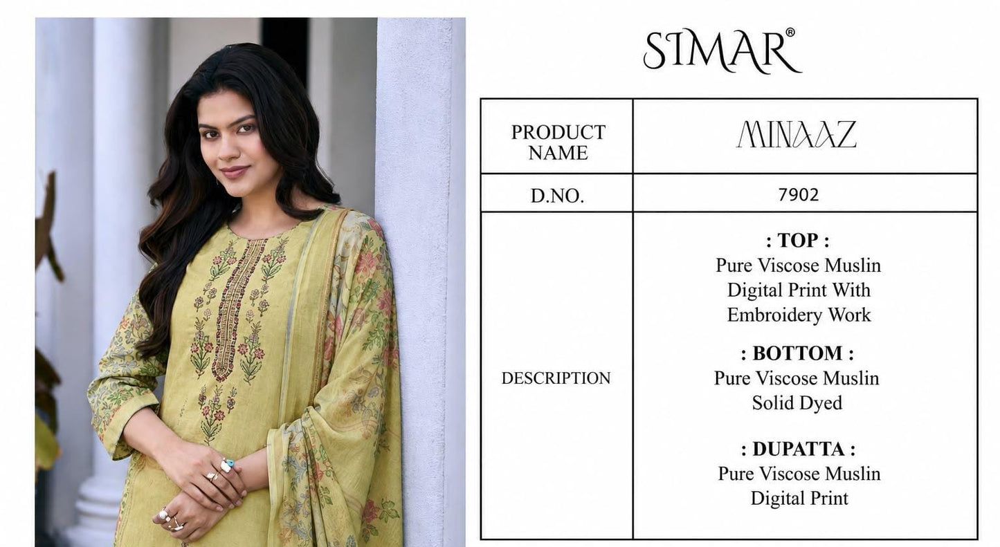 Minaaz Simar Viscose Muslin Pant Style Suits Wholesaler Ahmedabad