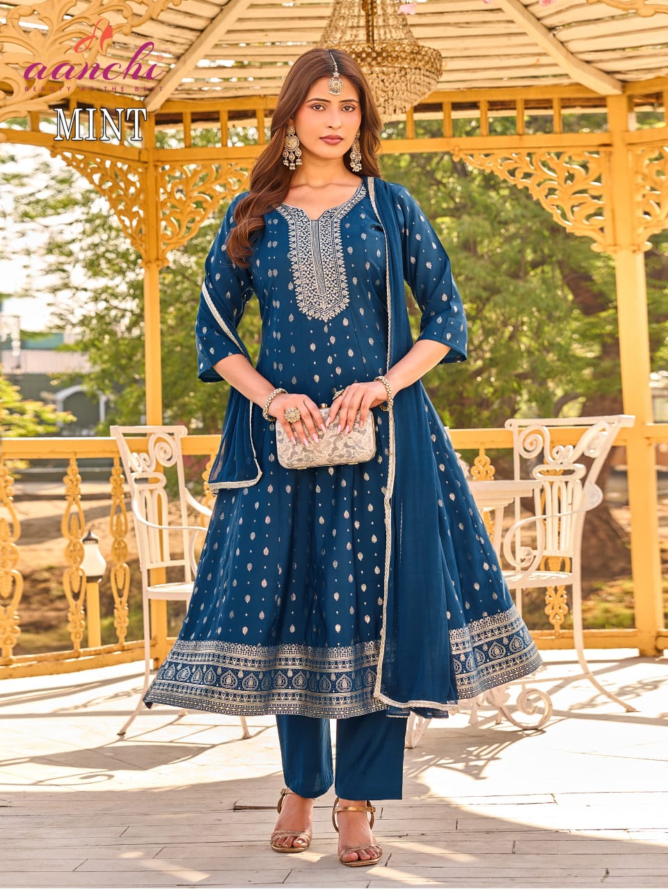 Mint Aanchi Roman Silk Readymade Anarkali Suits Wholesaler