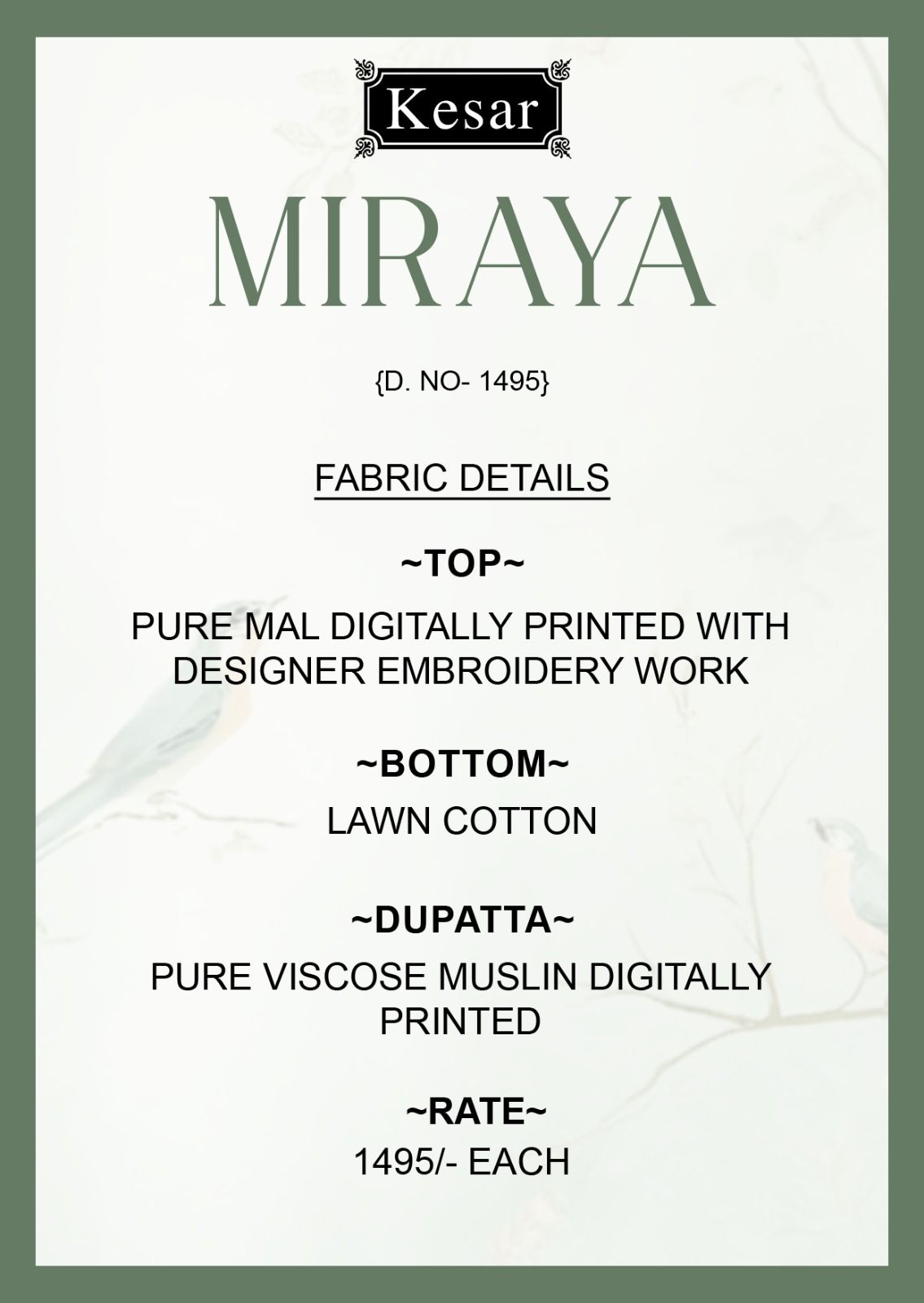 Miraya Kesar Mal Karachi Salwar Suits Exporter