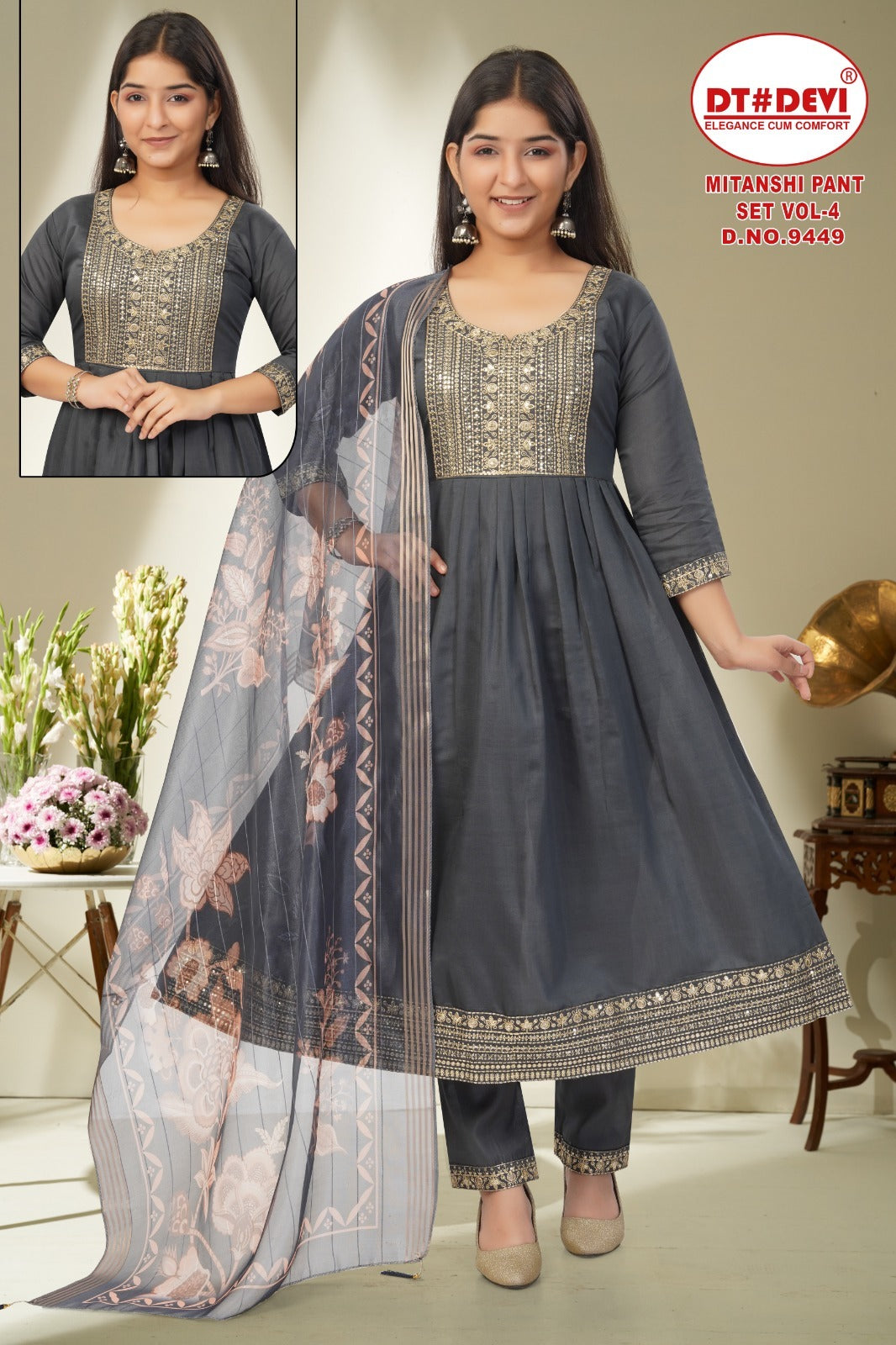Mitanshi 4 D No 9449 Dt Devi Roman Silk Girls Readymade Pant Suits Manufacturer Ahmedabad