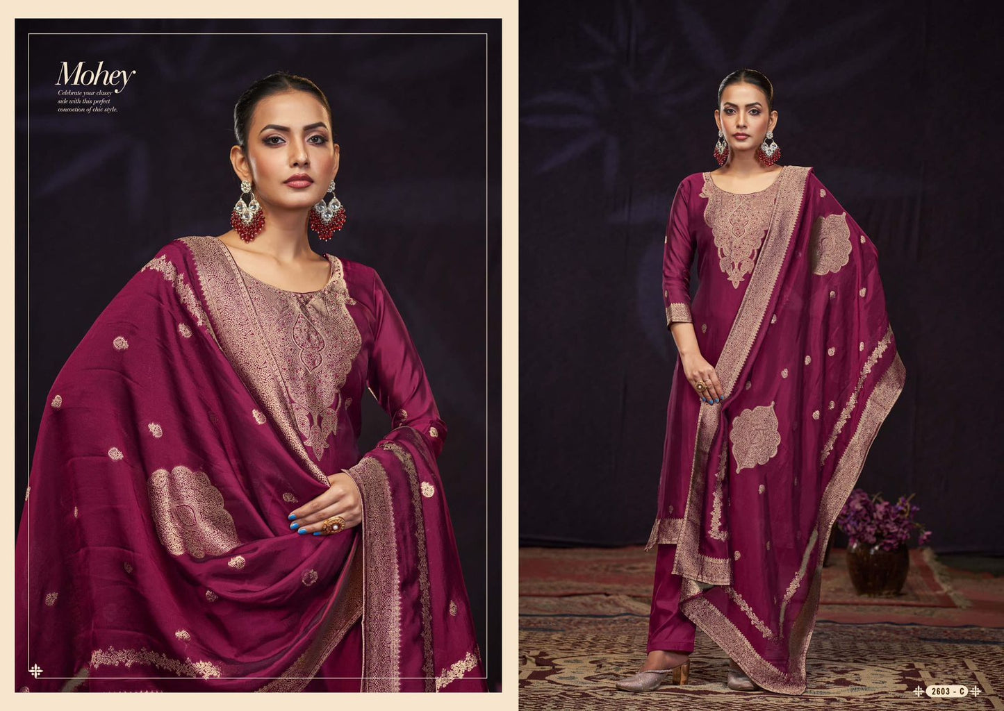 Mohey Sargam Prints Silk Jacquard Pant Style Suits Wholesale Price