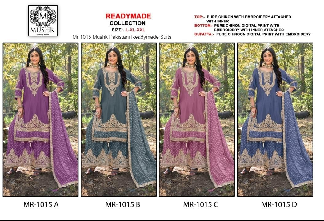 Mr 1015 Mushk Chinon Pakistani Readymade Suits Wholesale Rate