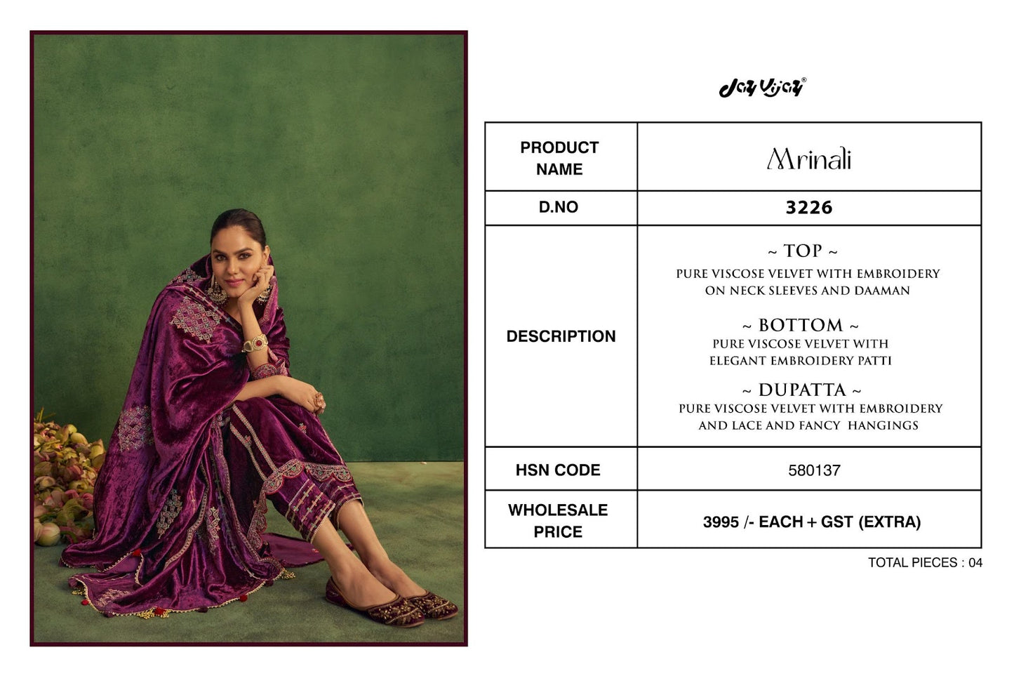 Mrinali 3226 Jay Vijay Pure Viscose Velvet Suits Supplier