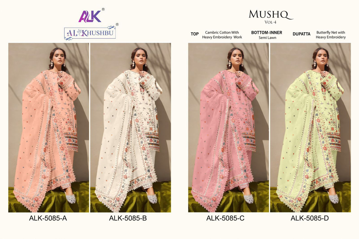 Mushq Vol 4-5085 Alk Cambric Cotton Pakistani Salwar Suits