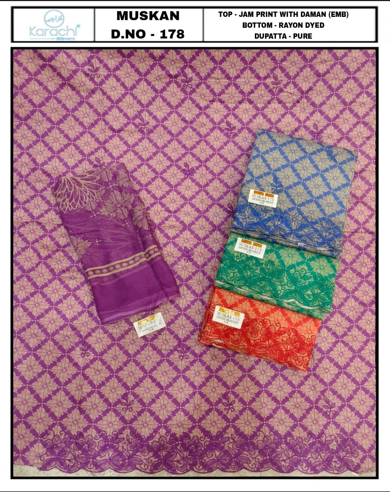 Muskan 0905 Karachi Prints Jaam Salwar Suits Wholesale Rate