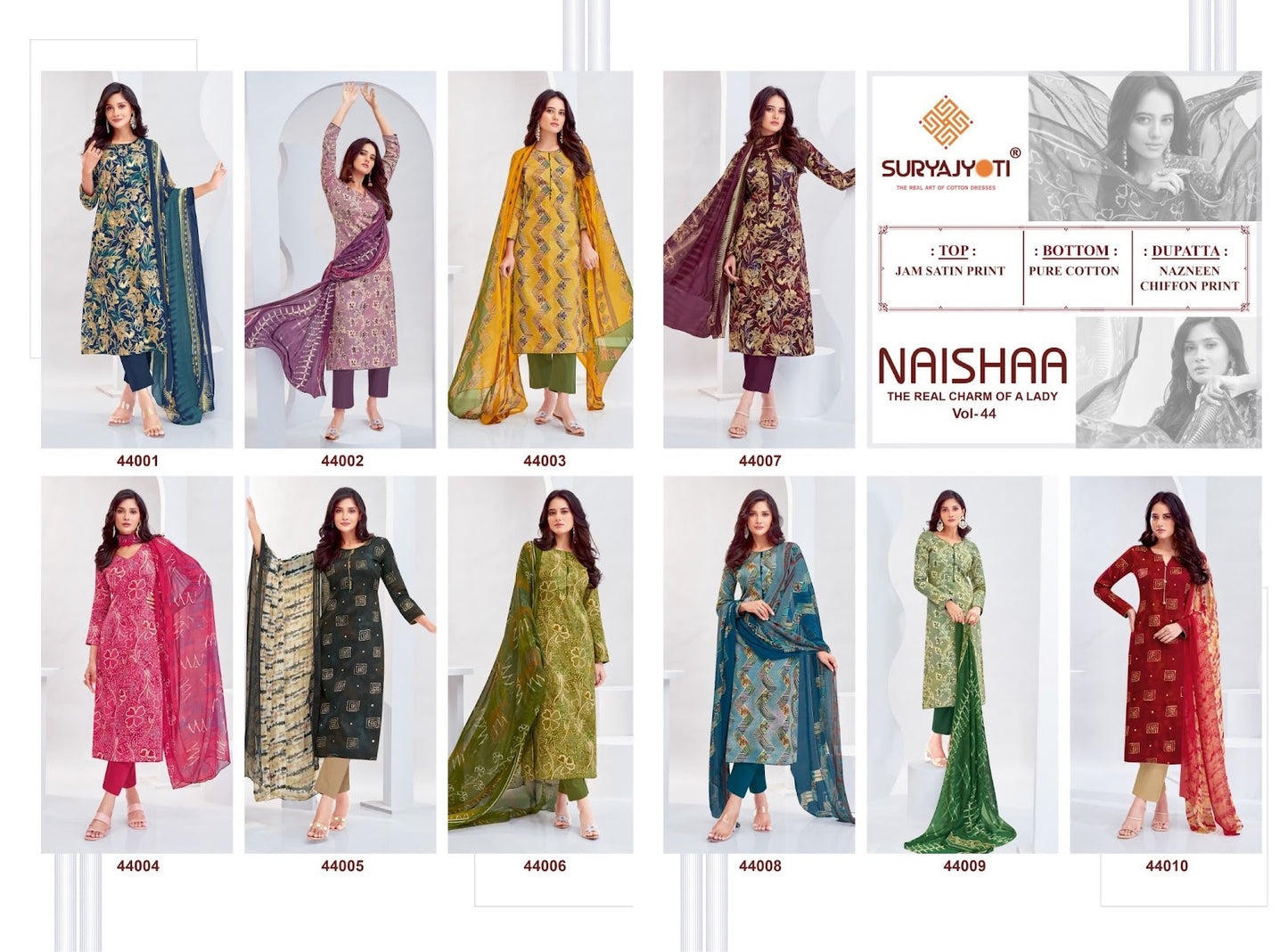 Naishaa Vol 44 Suryajyoti Jaam Satin Pant Style Suits Wholesaler Ahmedabad