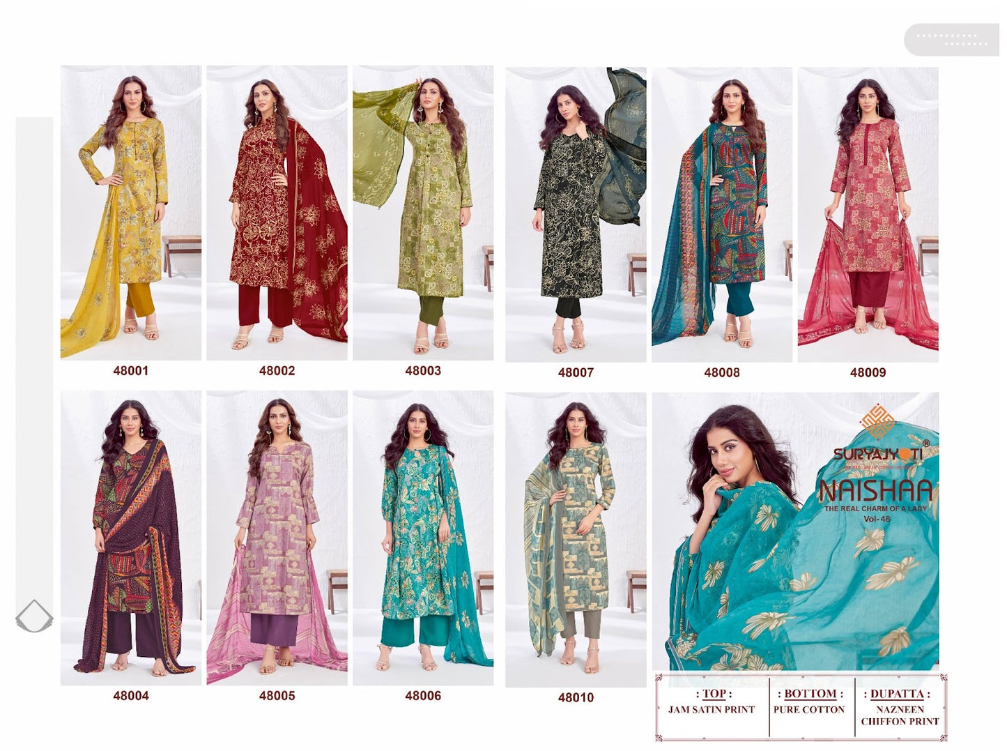 Naishaa Vol 48 Suryajyoti Jaam Satin Pant Style Suits Wholesaler India
