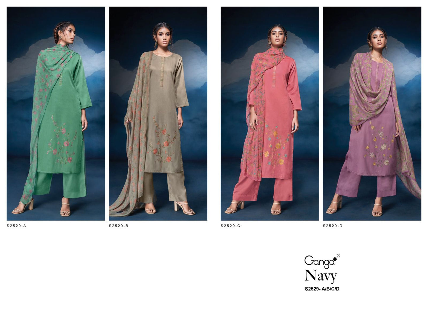 Navy-2529 Ganga Cotton Silk Plazzo Style Suits