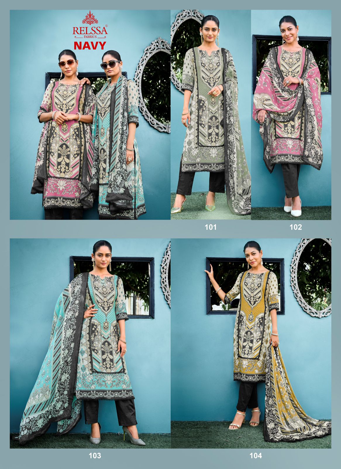 Navy Relssa Fabrics Muslin Pant Style Suits Exporter Gujarat