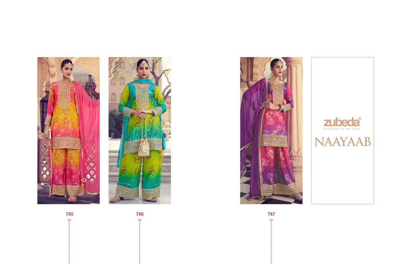 Nayab Zubeda Chinon Silk Readymade Plazzo Style Suits Supplier Gujarat