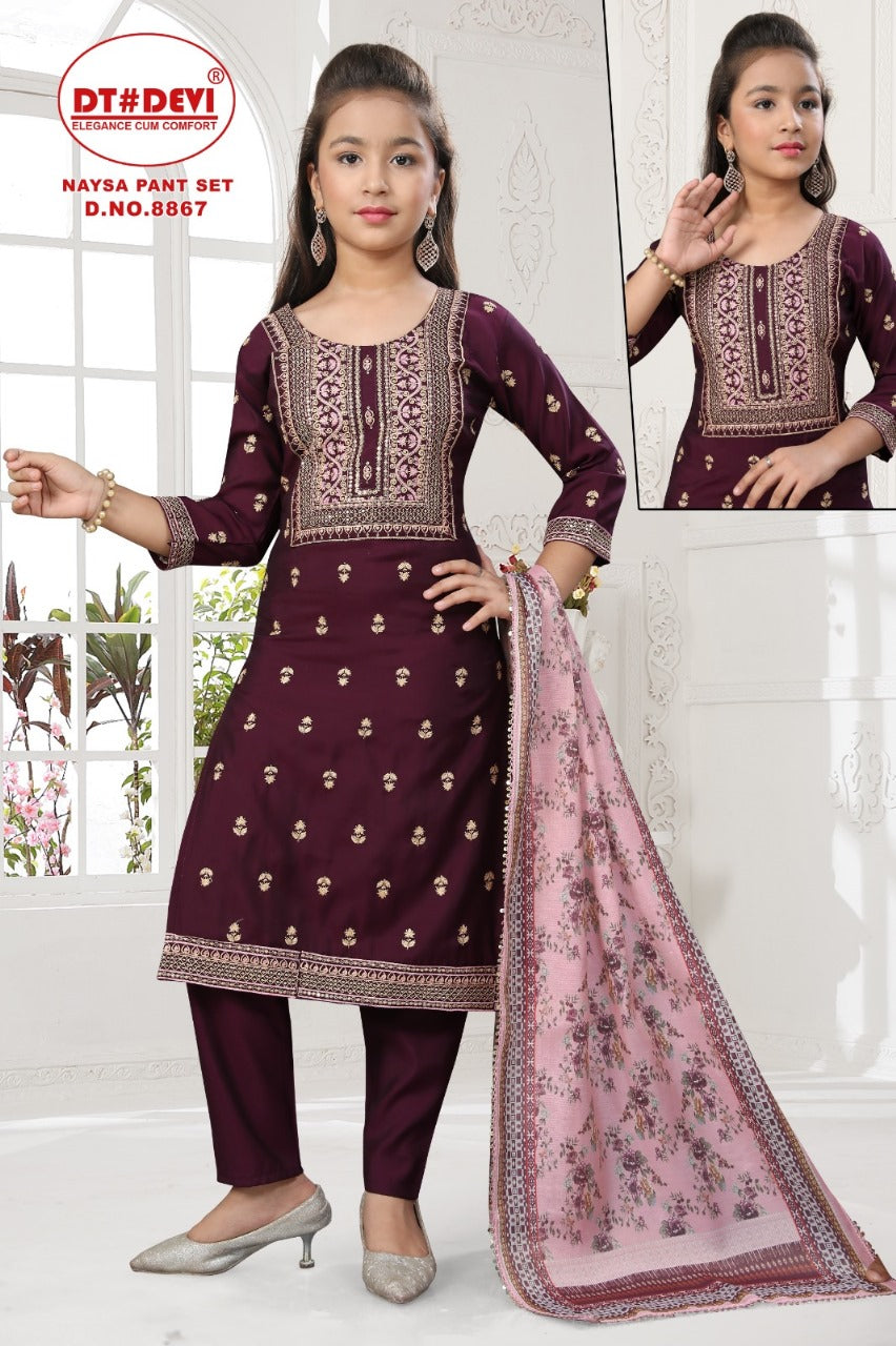 Naysa 8867 Dt Devi Roman Silk Girls Readymade Pant Suits Wholesaler Ahmedabad