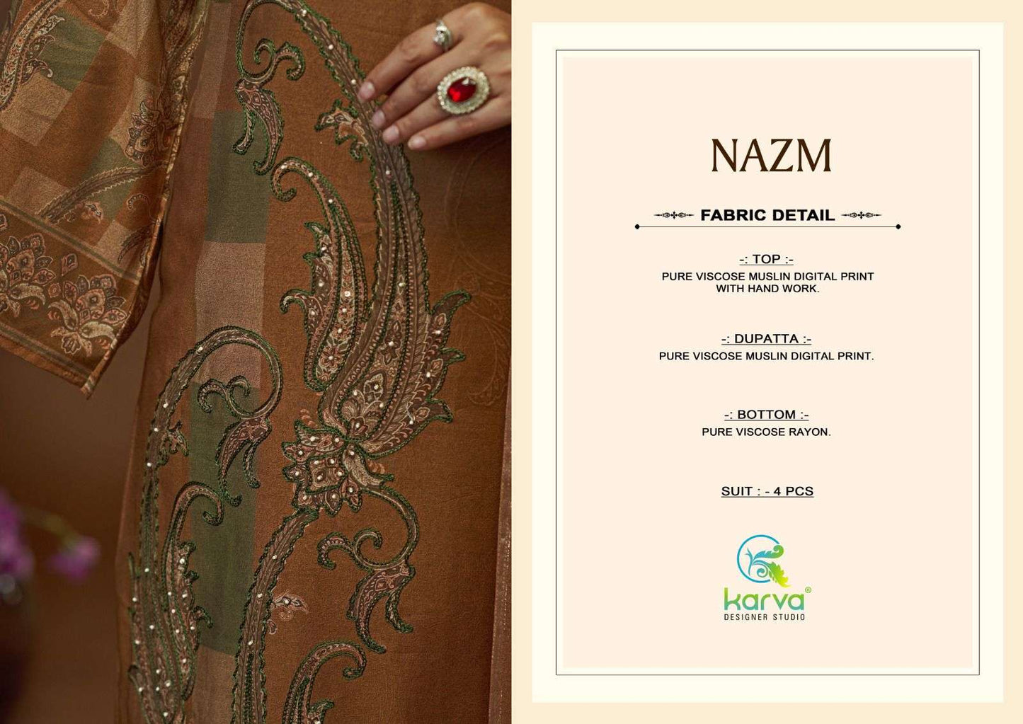 Nazm Karva Designer Studio Viscose Muslin Pant Style Suits Exporter India