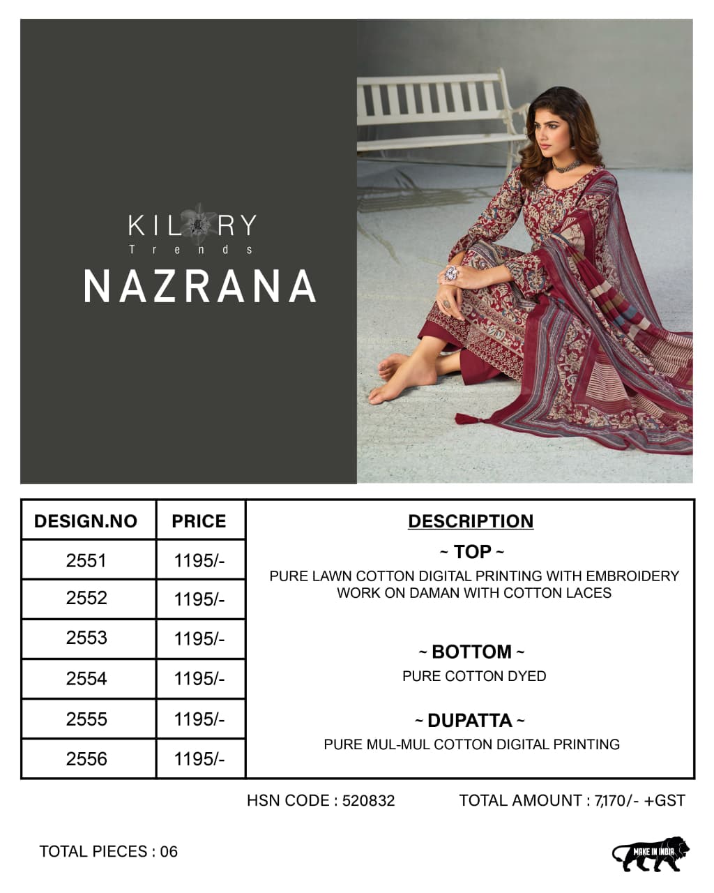 Nazrana Kilory Lawn Cotton Pant Style Suits Supplier