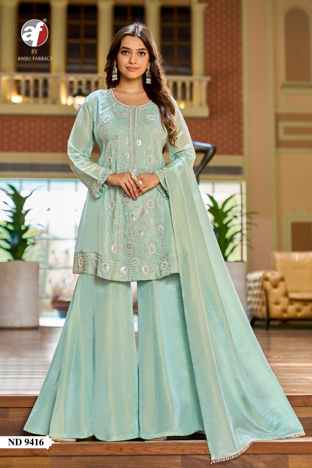 Nd 9416-9418 Af Tissue Simmer Readymade Plazzo Style Suits Wholesaler Ahmedabad