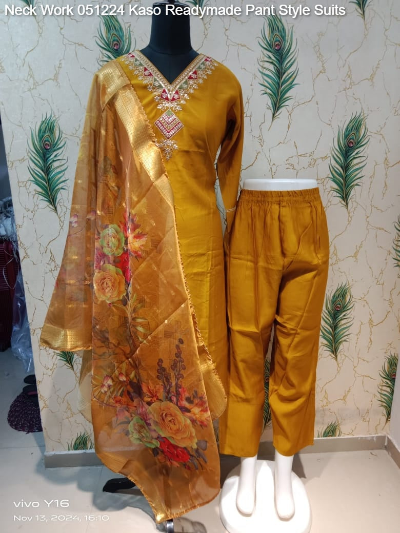 Neck Work 051224 Kaso Roman Silk Readymade Pant Style Suits Wholesaler India