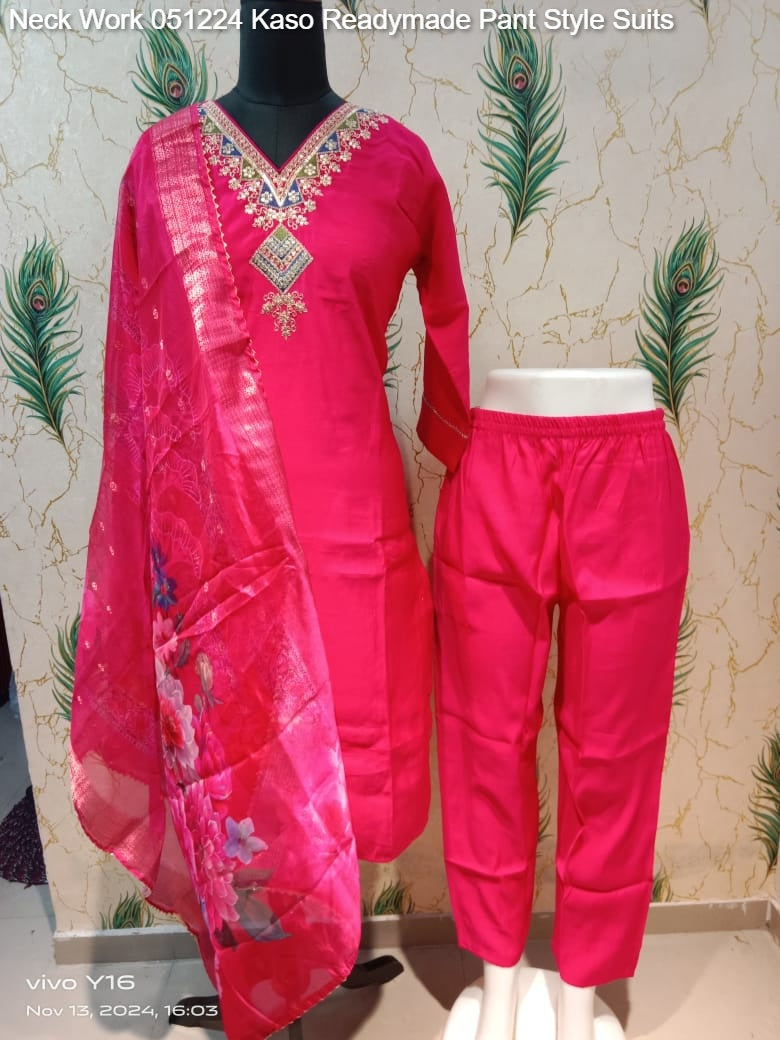 Neck Work 051224 Kaso Roman Silk Readymade Pant Style Suits Wholesaler India