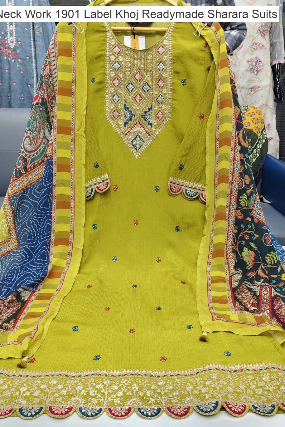 Neck Work 1901 Label Khoj Chinnon Readymade Sharara Suits Wholesaler Ahmedabad