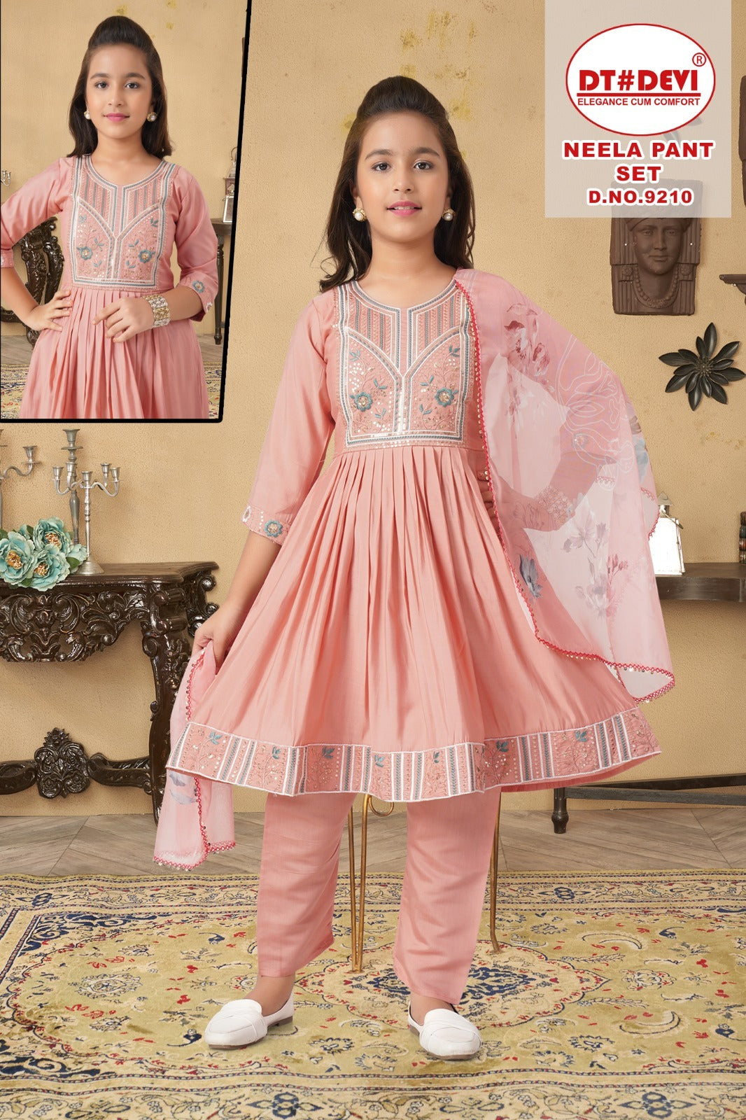 Neela Dn 9210 Dt Devi Roman Silk Girls Readymade Pant Suits Manufacturer India