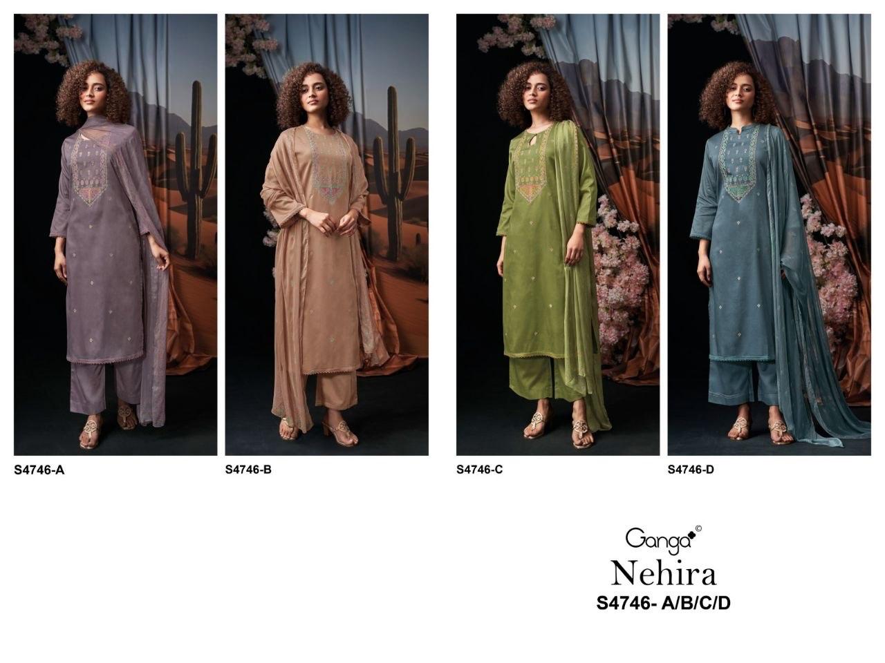 Nehira 4746 Ganga Cotton Satin Plazzo Style Suits Wholesaler India