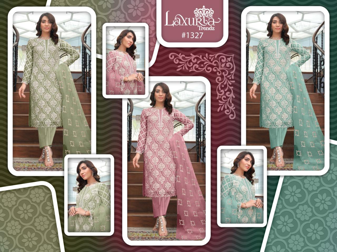 New 1327 Laxuria Trendz Fox Georgette Pakistani Readymade Suits Supplier India