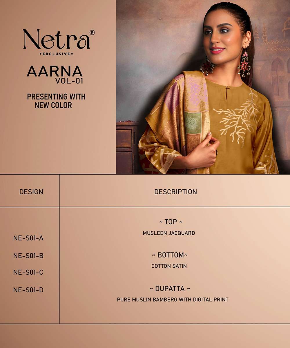New Aarna Vol 1 Netra Muslin Jacquard Pant Style Suits Wholesaler Gujarat