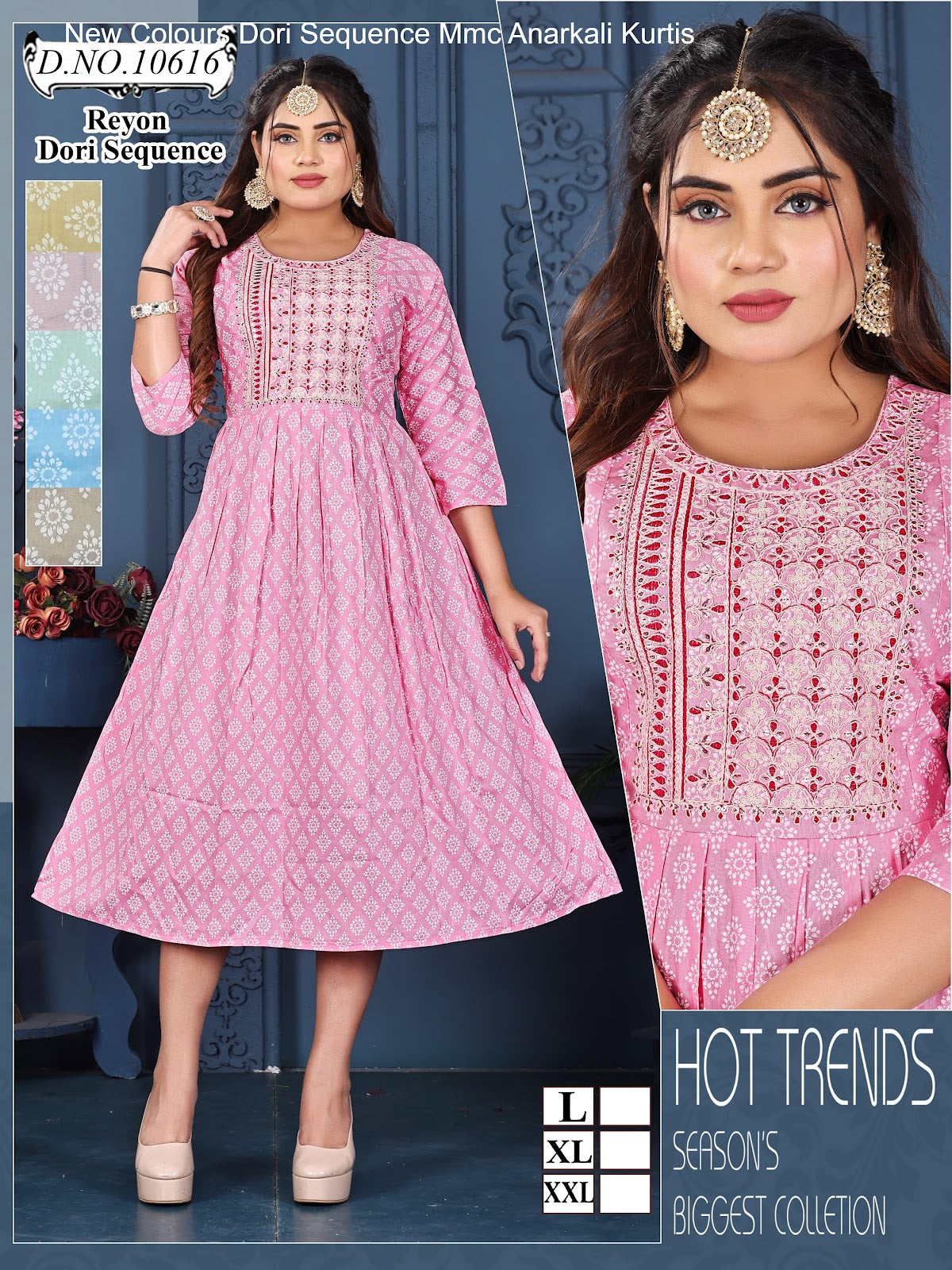 New Colours Dori Sequence Mmc Rayon Anarkali Kurtis Wholesaler Ahmedabad