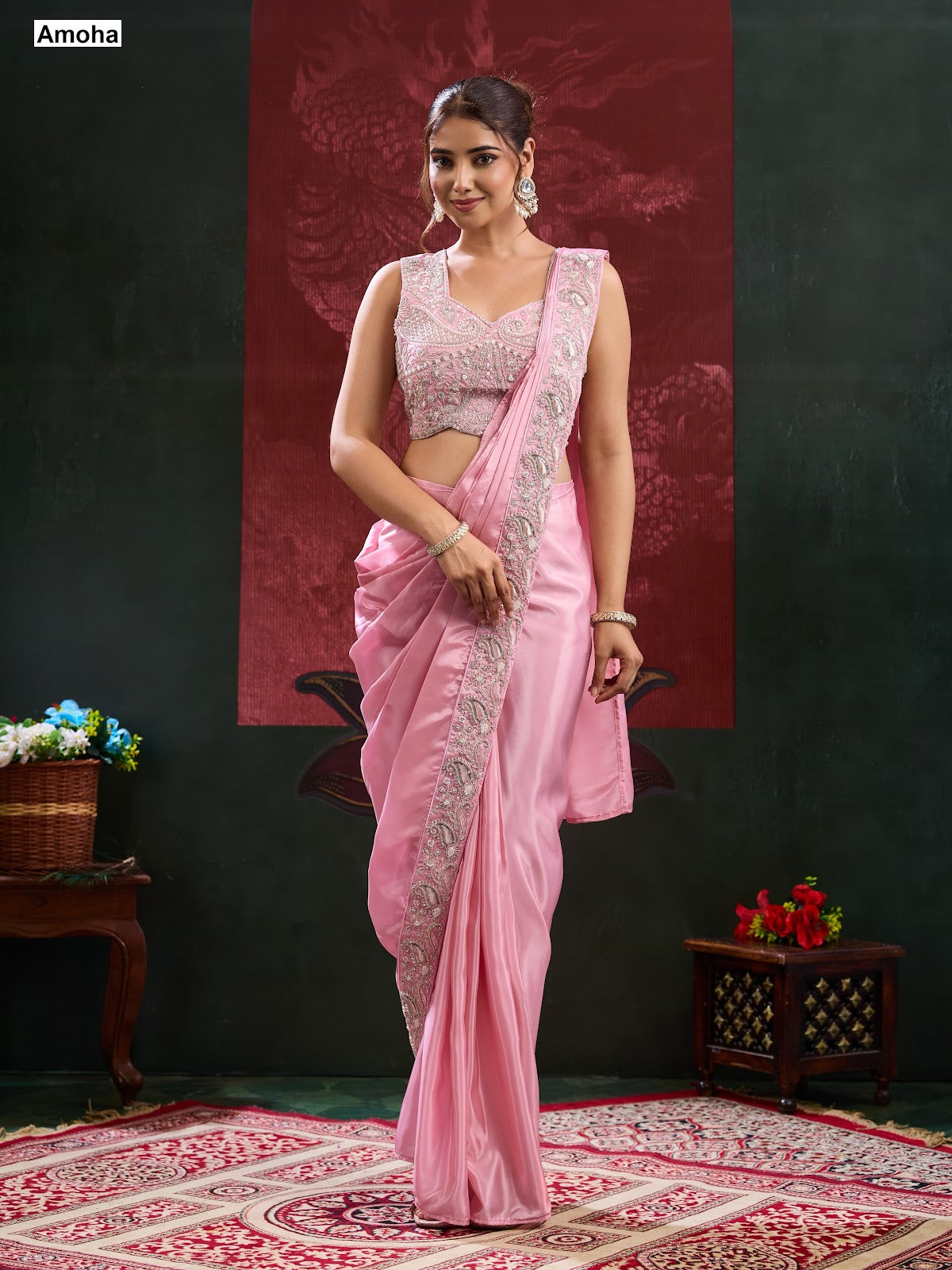 New Design A536 Amoha Chinnon Ready To Wear Saree Supplier
