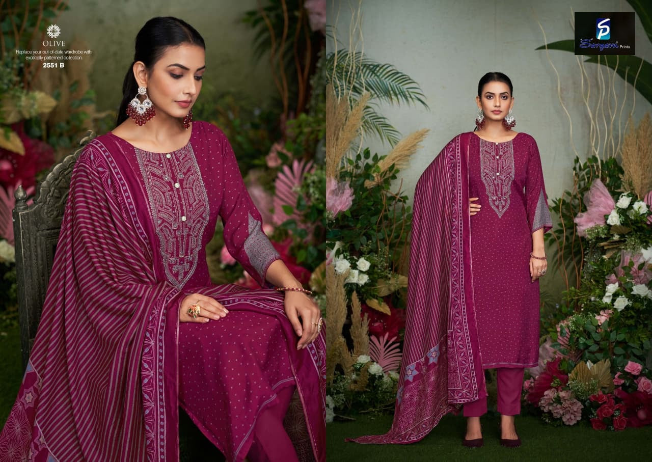 New Olive Sargam Prints Pure Bemberg Muslin Pant Style Suits Wholesaler Ahmedabad