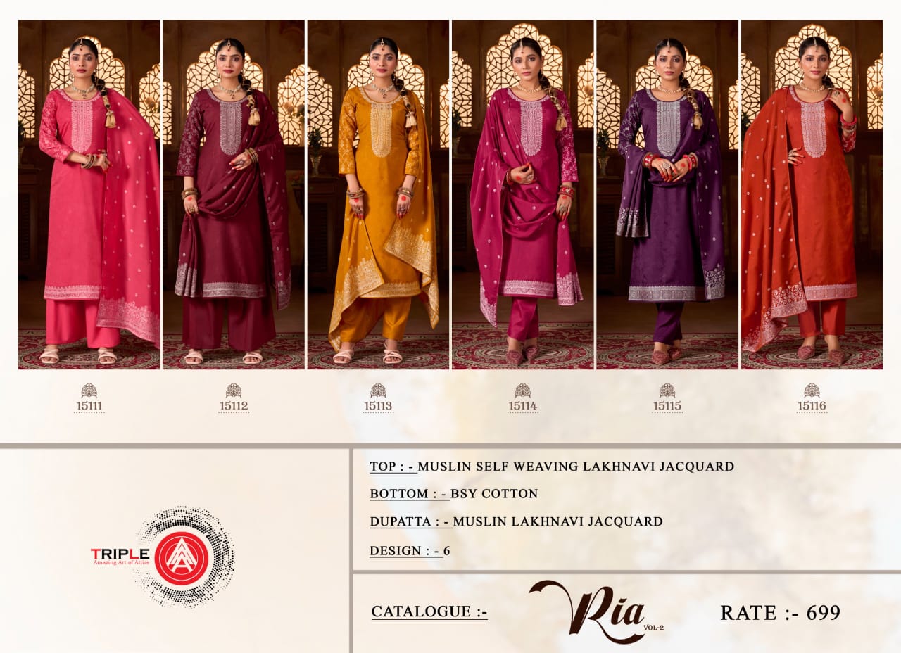 New Ria Vol 2 Triple Aaa Muslin Pant Style Suits Wholesaler India
