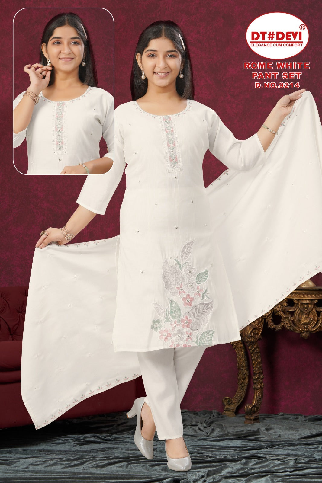 New Rome White Dn 9214 Dt Devi Roman Silk Girls Readymade Pant Suits Manufacturer Gujarat