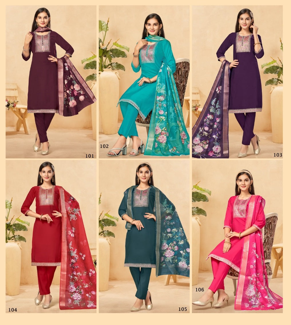 New Teenage Lichi Princess Creation Roman Silk Girls Readymade Pant Suits Supplier India
