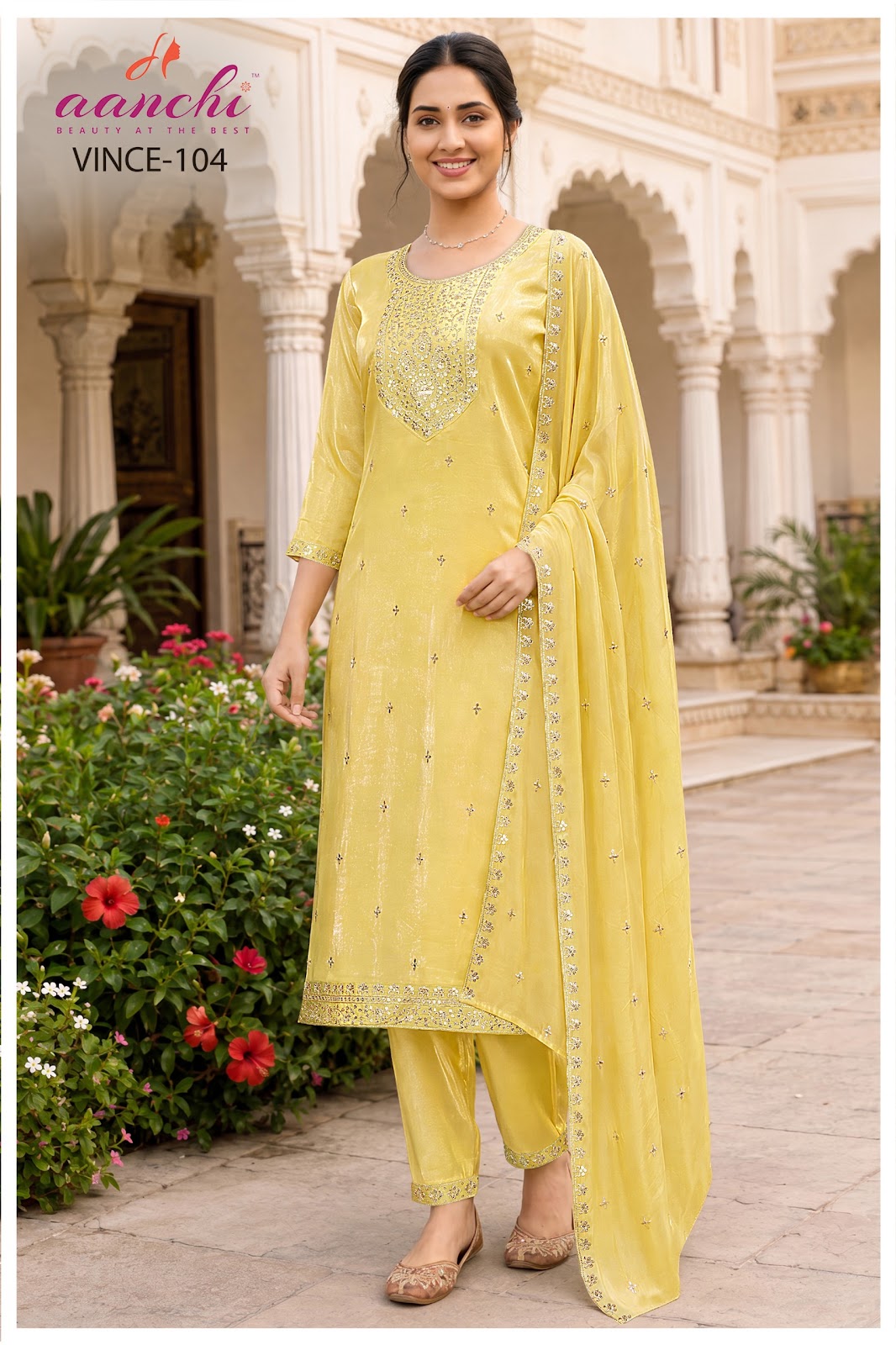 New Vince Aanchi Glass Silk Readymade Pant Style Suits Exporter Gujarat
