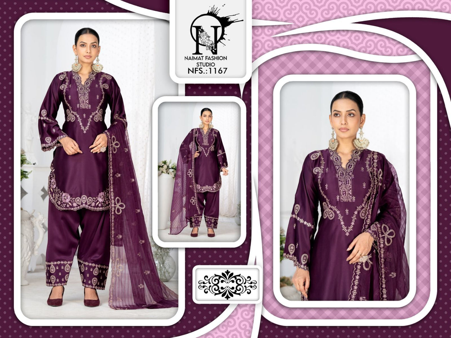 Nfs 1167 New Colour Naimat Fashion Studio Satin Pakistani Readymade Suits Exporter Ahmedabad