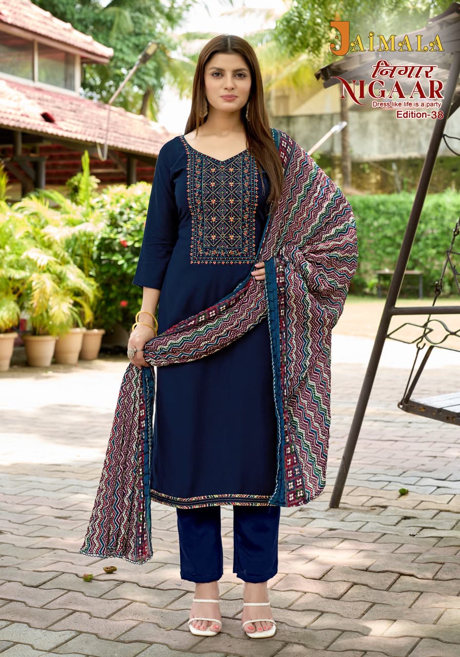 Nigaar Edition 38 Jaimala Pure Reyon Pant Style Suits Exporter Gujarat