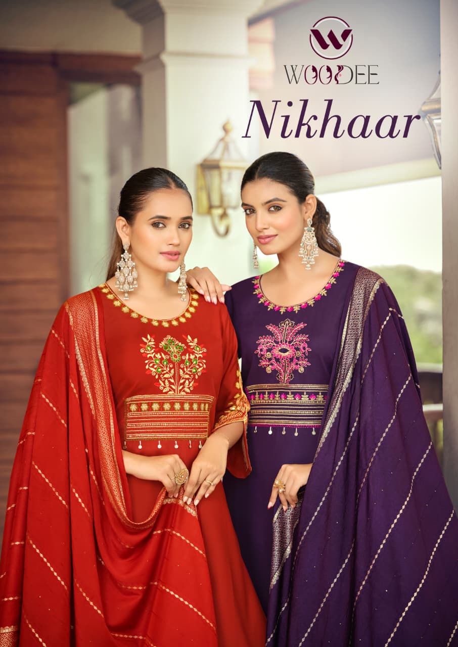 Nikhaar Woodee Rayon Readymade Pant Style Suits Supplier India