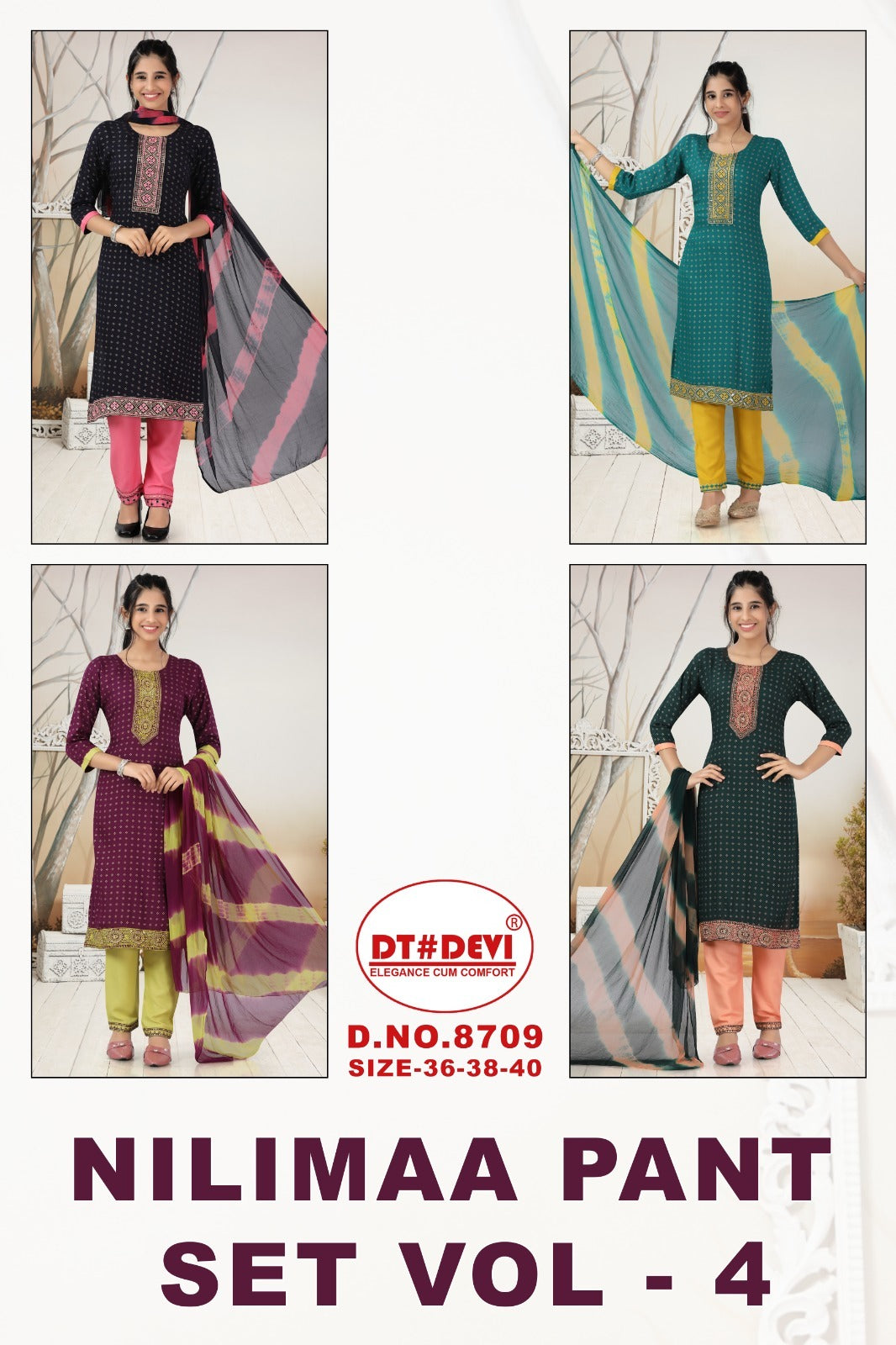 Nilimaa Vol 4 8709 Dt Devi Rayon Readymade Pant Style Suits Manufacturer Ahmedabad