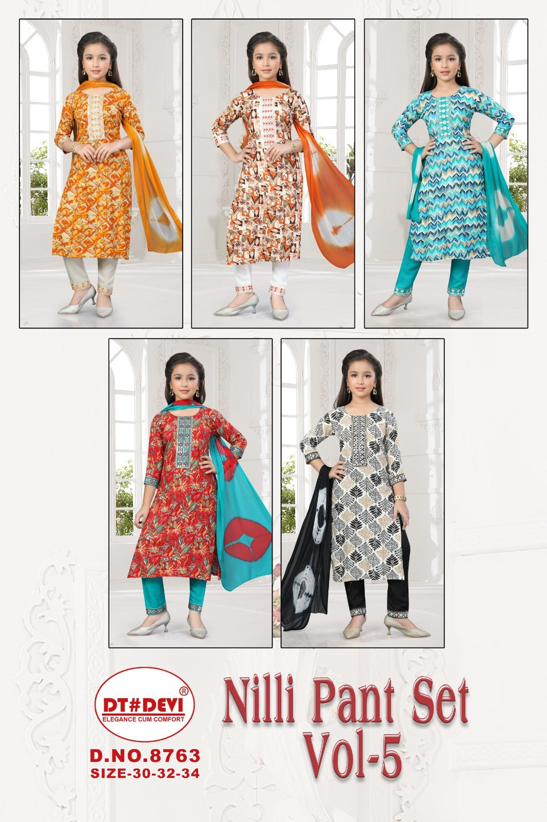 Nilli Vol 5 8763 Dt Devi Rayon Girls Readymade Pant Suits Wholesale Price