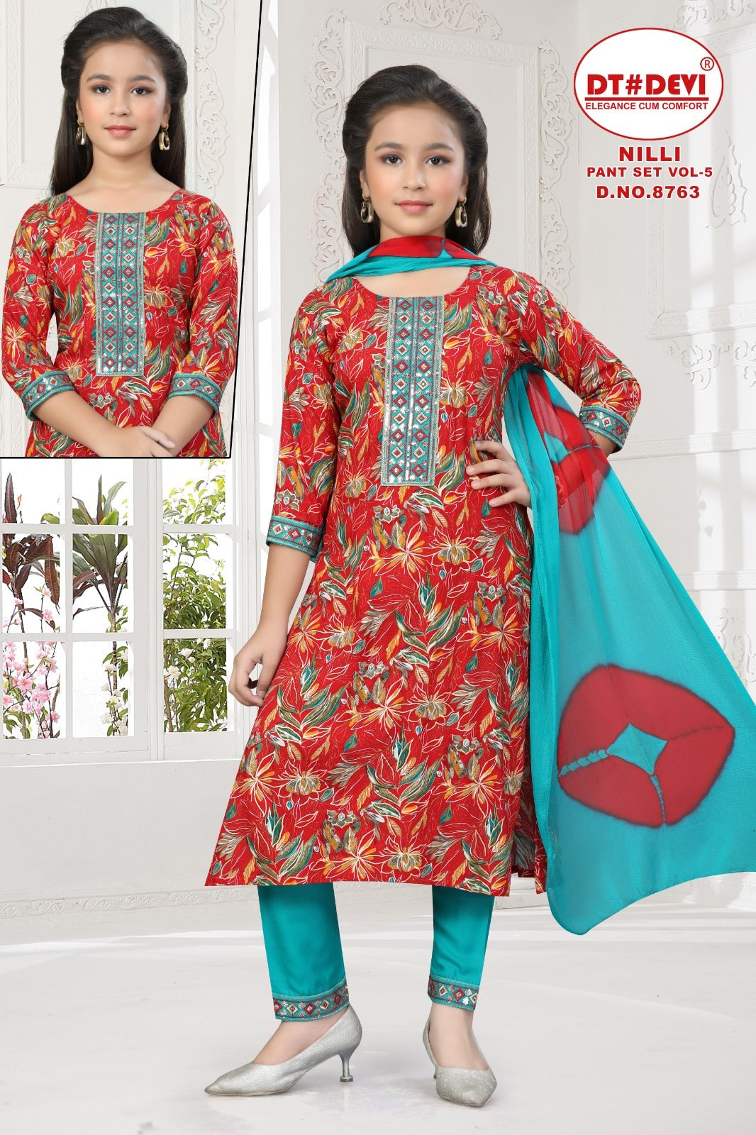 Nilli Vol 5 8763 Dt Devi Rayon Girls Readymade Pant Suits Wholesale Price