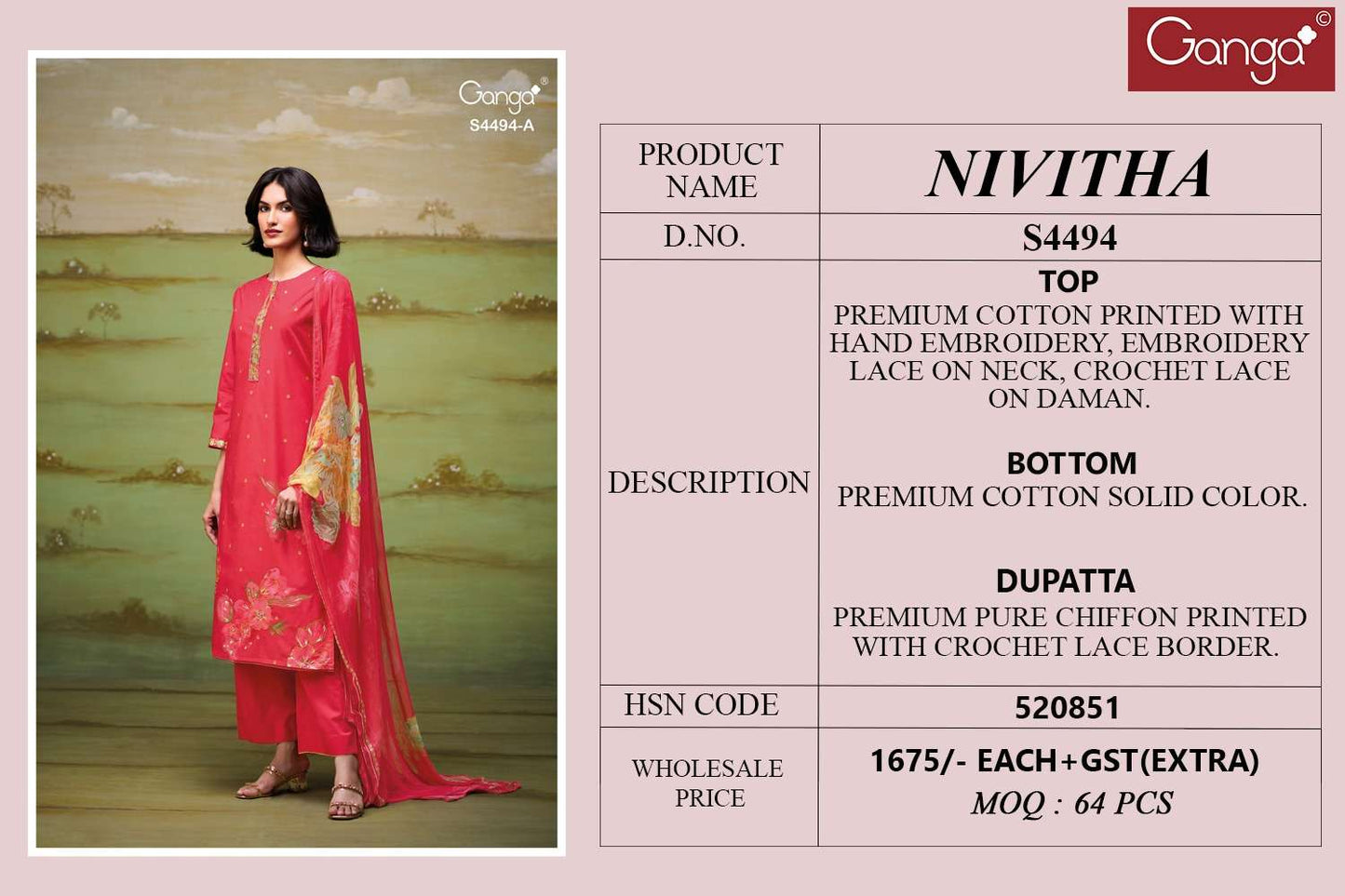 Nivitha 4494 Ganga Cotton Pant Style Suits Manufacturer Gujarat