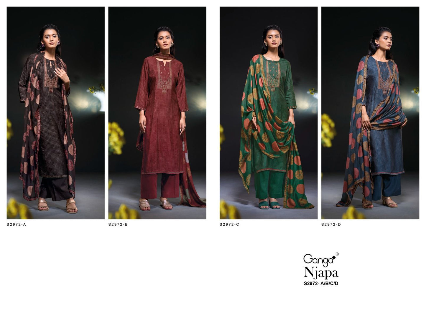 Njapa 2972 Ganga Russian Silk Plazzo Style Suits Supplier Ahmedabad