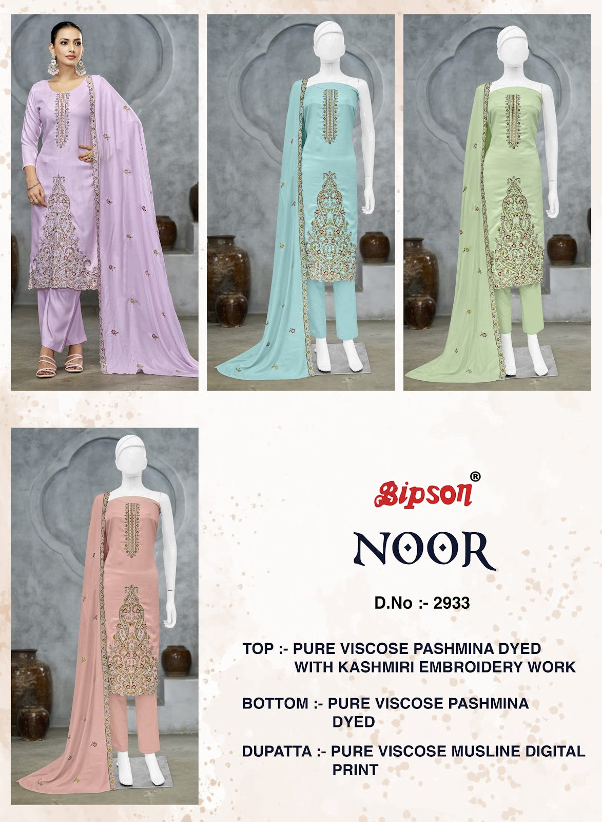 Noor 2933 Bipson Prints Viscose Pashmina Suits Exporter