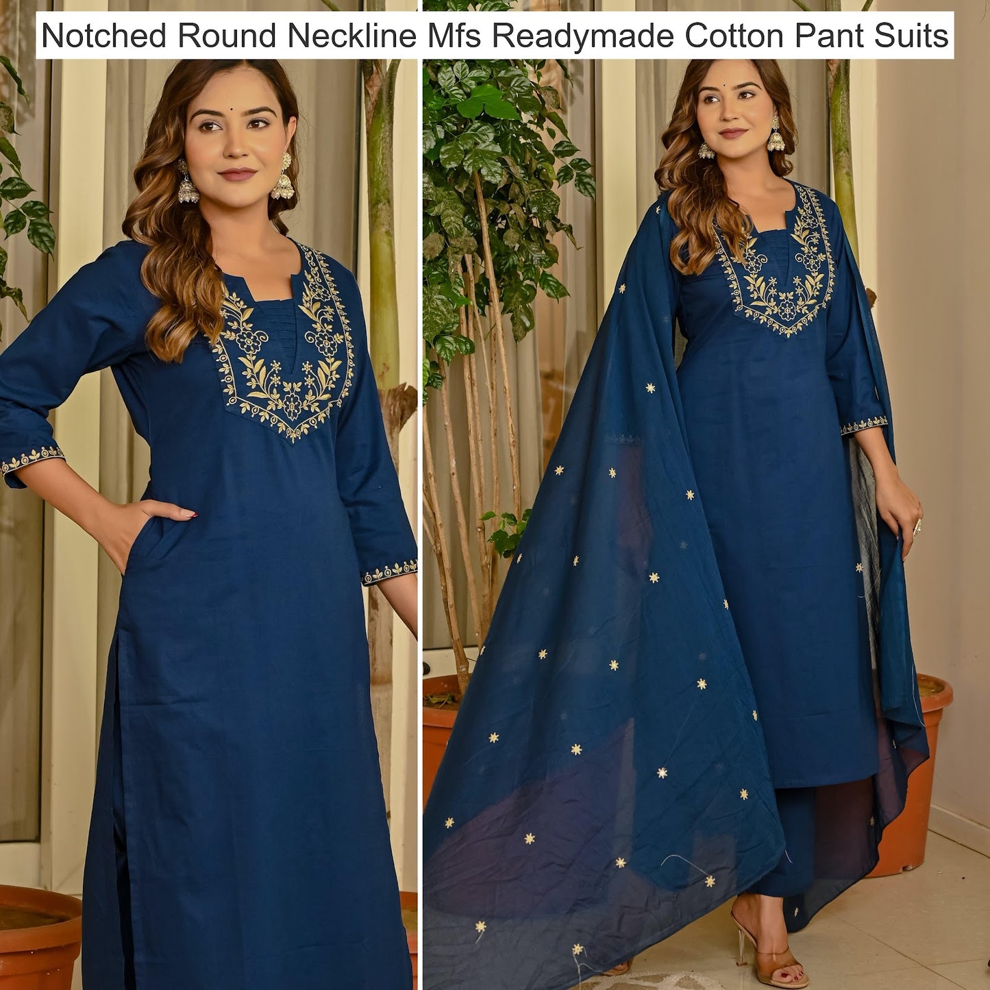 Notched Round Neckline Mfs Readymade Cotton Pant Suits Wholesale Price