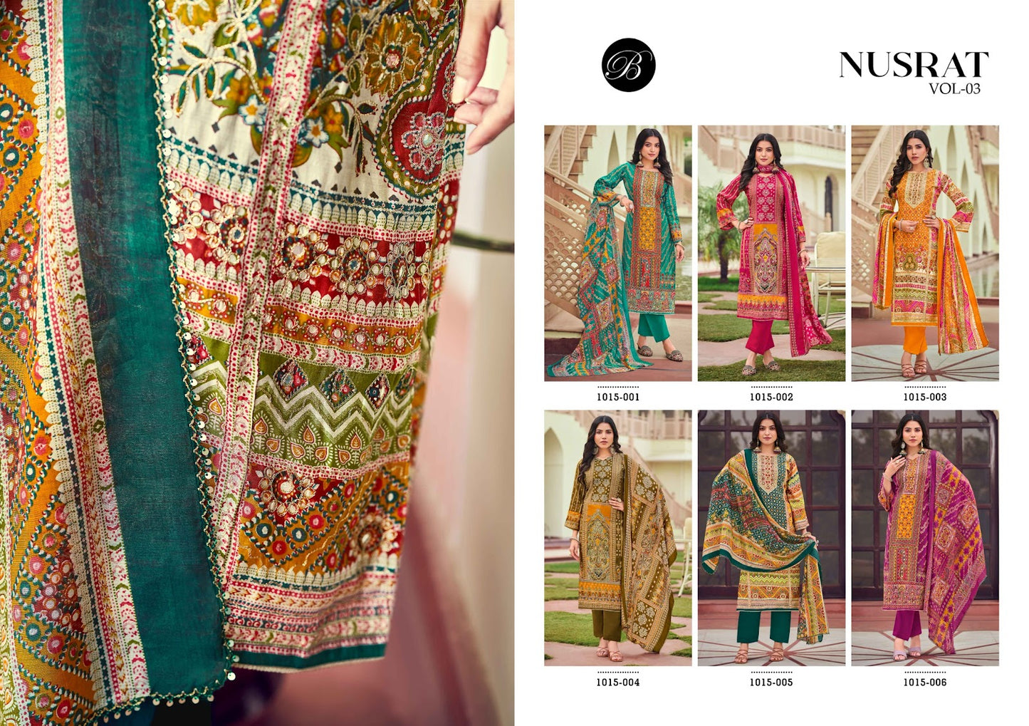Nusrat Vol 3 Belliza Designer Studio Viscose Muslin Karachi Salwar Suits Wholesaler Gujarat