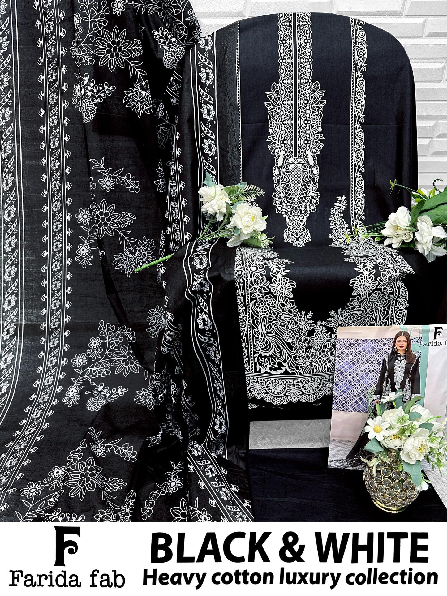 Black And White Farida Fab Lawn Cotton Open Pic Karachi Salwar Suits Exporter India