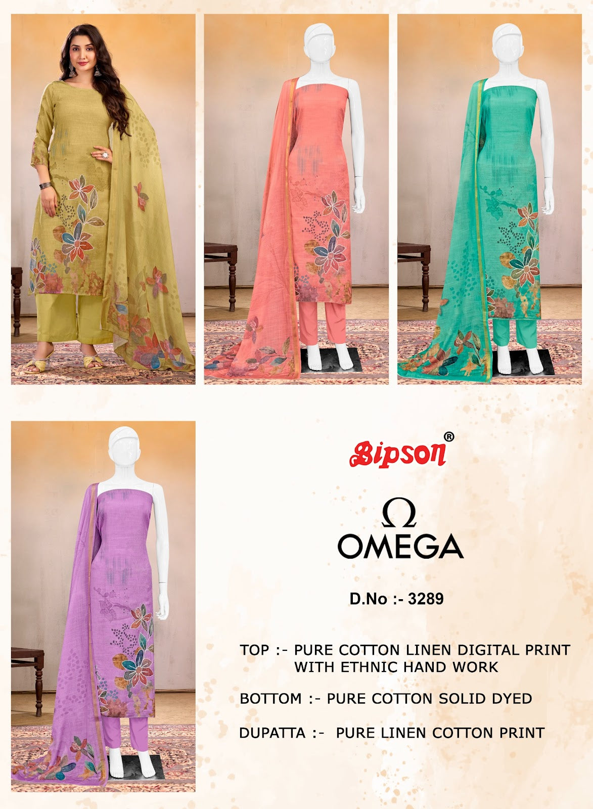 Omega 3289 Bipson Prints Linen Pant Style Suits Supplier Gujarat