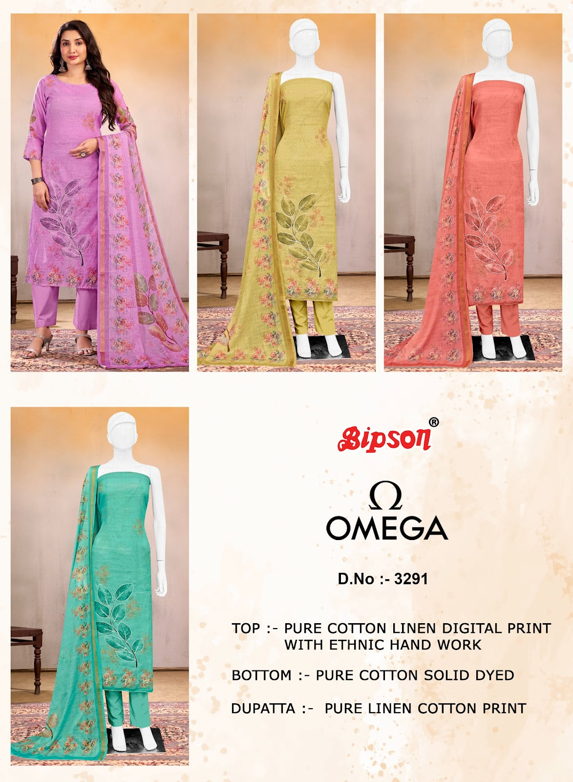 Omega 3291 Bipson Prints Linen Pant Style Suits Wholesaler India