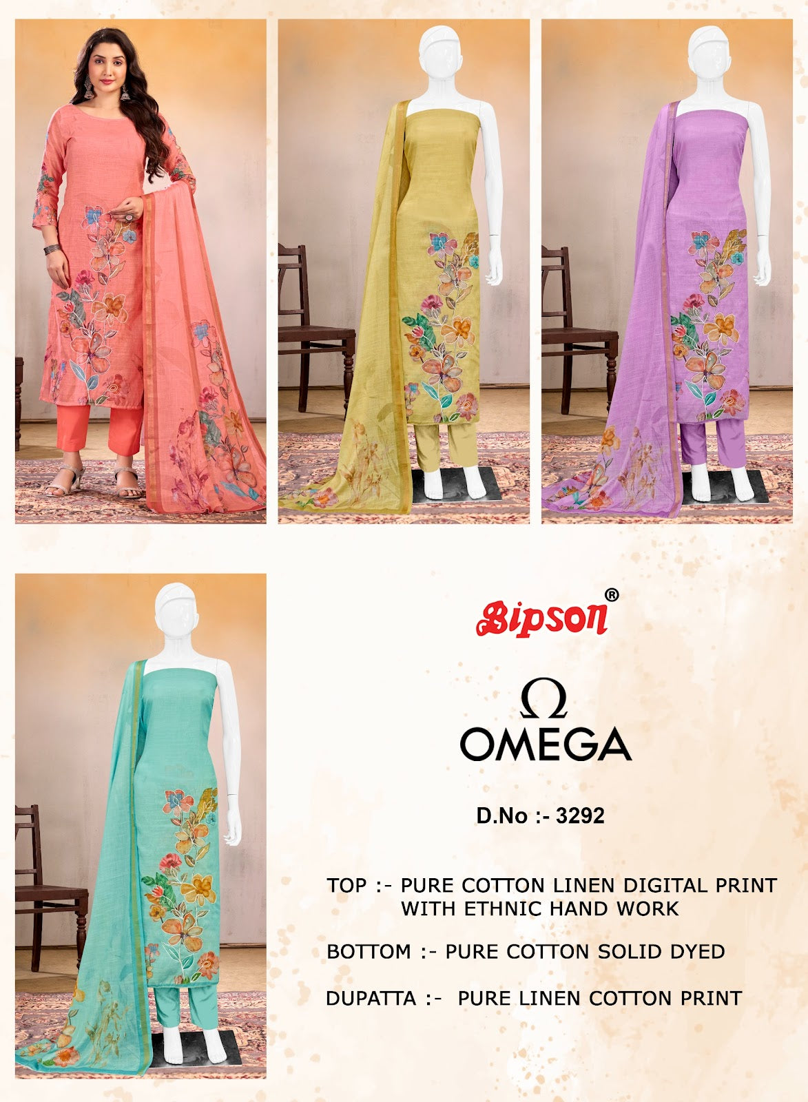 Omega 3292 Bipson Prints Linen Pant Style Suits Wholesale Price