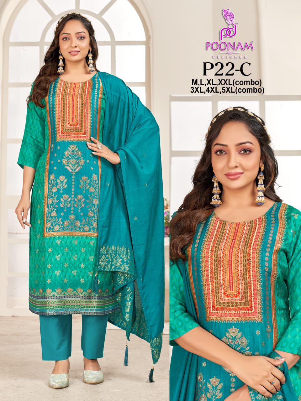 P22 Poonam Designer Silk Jacquard Readymade Pant Style Suits Wholesale Price